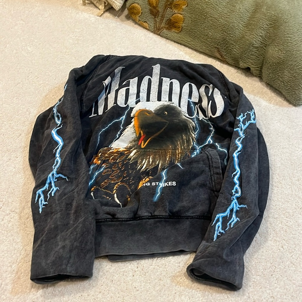 Madness lighting strike hoodie, grey with graphic design.